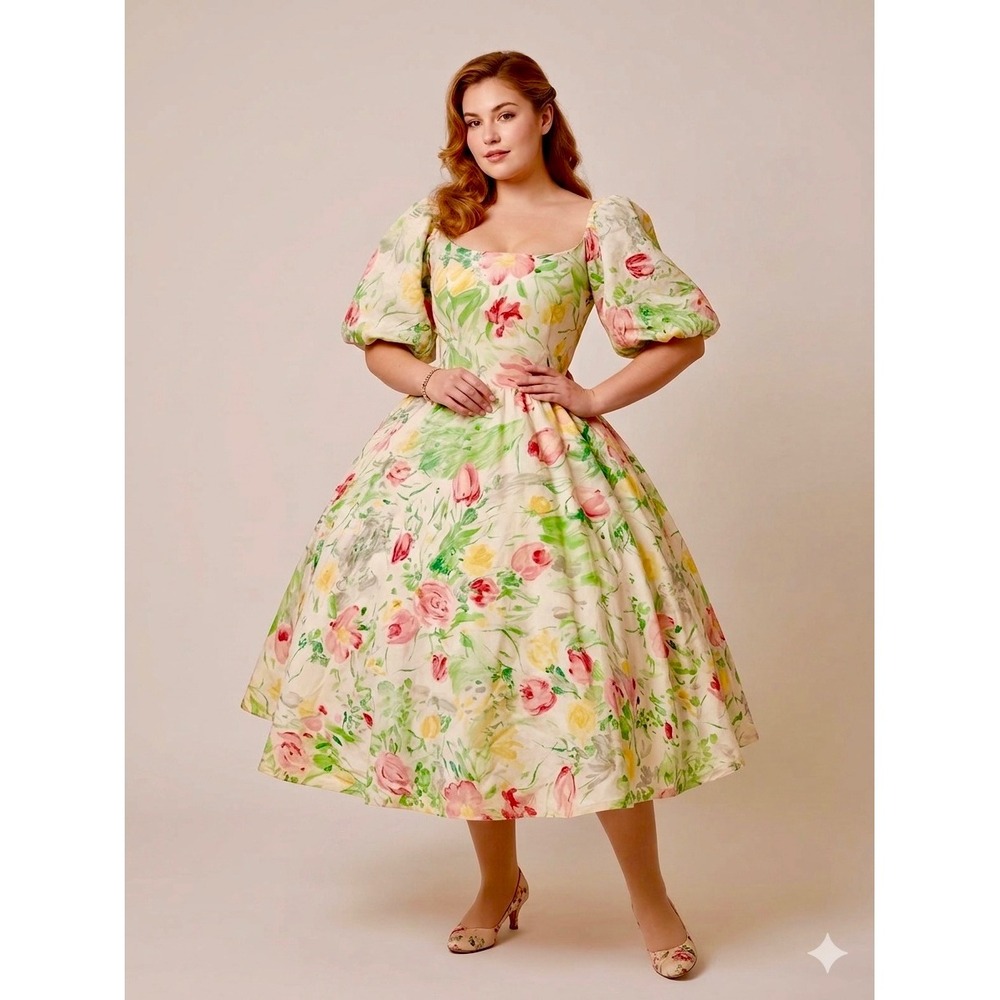 Victor Costa 80s does 50s Floral Puff Sleeve Midi Dress Pink Yellow Green L